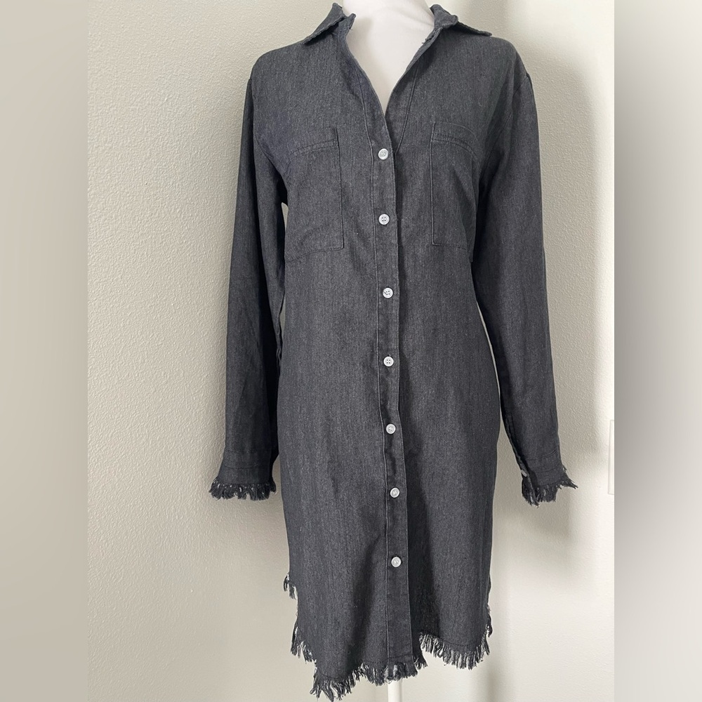 NWT Francis Cabrel Gray Denim Long Sleeve Frayed Hem Button Front Dress Size Sm - Picture 6 of 13